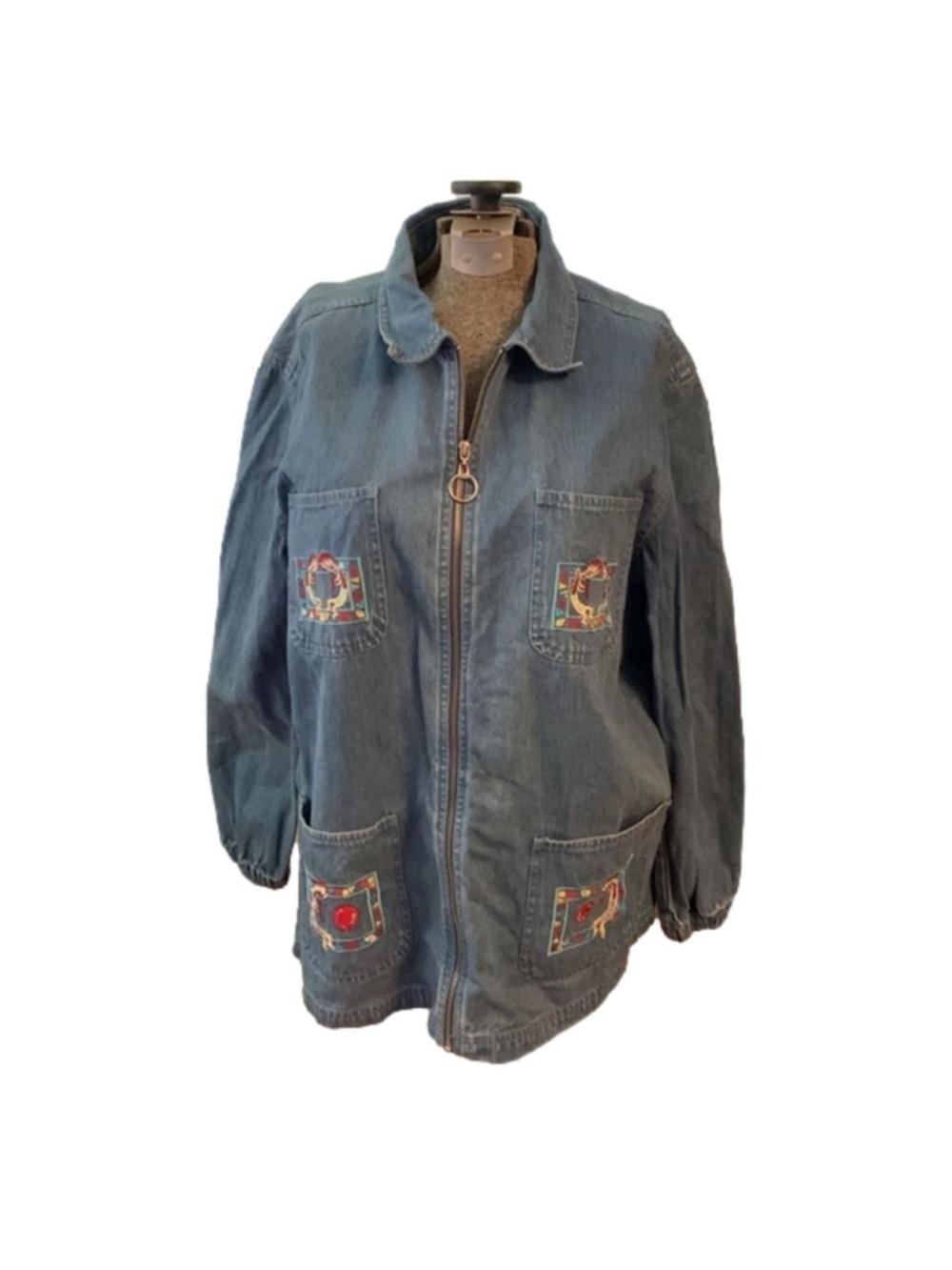 Womens Embroidered lightweight jean jacket Passion-I blue red